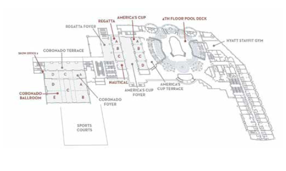 Manchester Grand Hyatt event-level floor plan showing Coronado Ballroom, Coronado Terrace, America's Cup, Regatta and Nautical meeting rooms